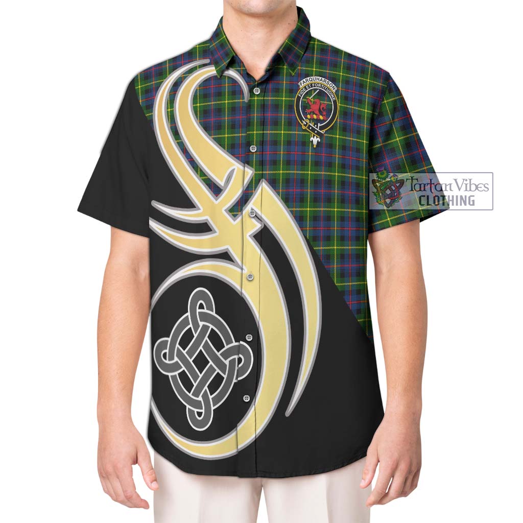 Farquharson Modern Tartan Short Sleeve Button Shirt with Family Crest and Celtic Symbol Style Kid - Tartan Vibes Clothing