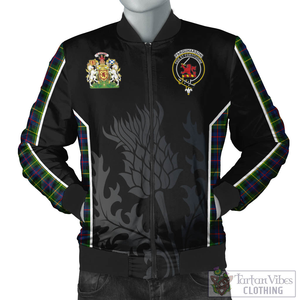 Tartan Vibes Clothing Farquharson Modern Tartan Bomber Jacket with Family Crest and Scottish Thistle Vibes Sport Style