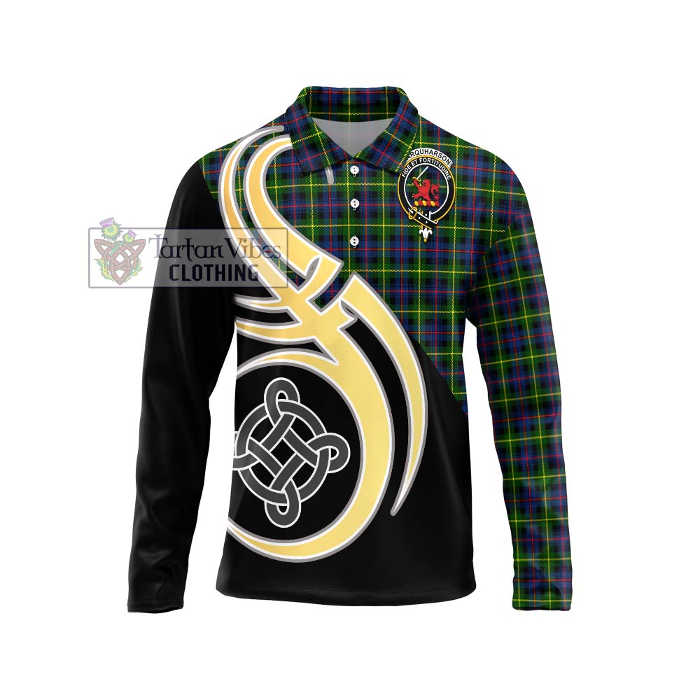 Farquharson Modern Tartan Long Sleeve Polo Shirt with Family Crest and Celtic Symbol Style Unisex - Tartan Vibes Clothing