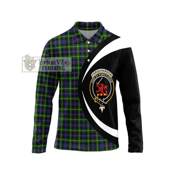 Farquharson Modern Tartan Long Sleeve Polo Shirt with Family Crest Circle Style