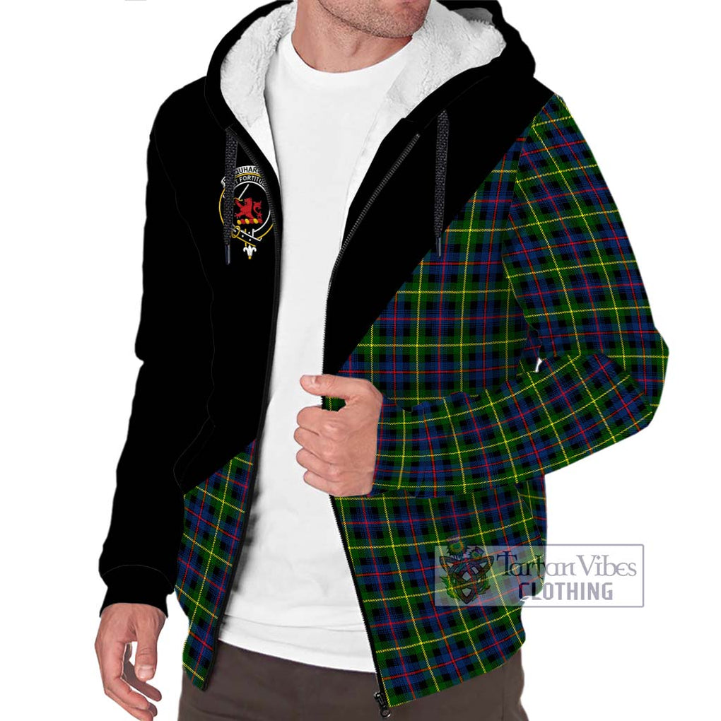 Farquharson Modern Tartan Sherpa Hoodie with Family Crest and Military Logo Style Unisex S - Tartanvibesclothing Shop