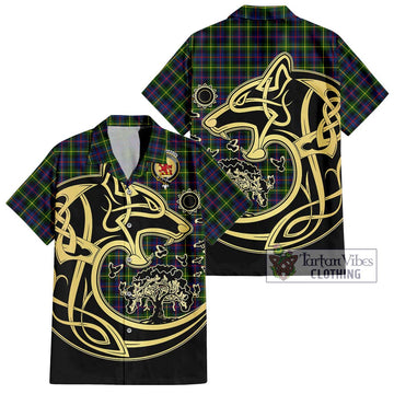 Farquharson Modern Tartan Short Sleeve Button Shirt with Family Crest Celtic Wolf Style
