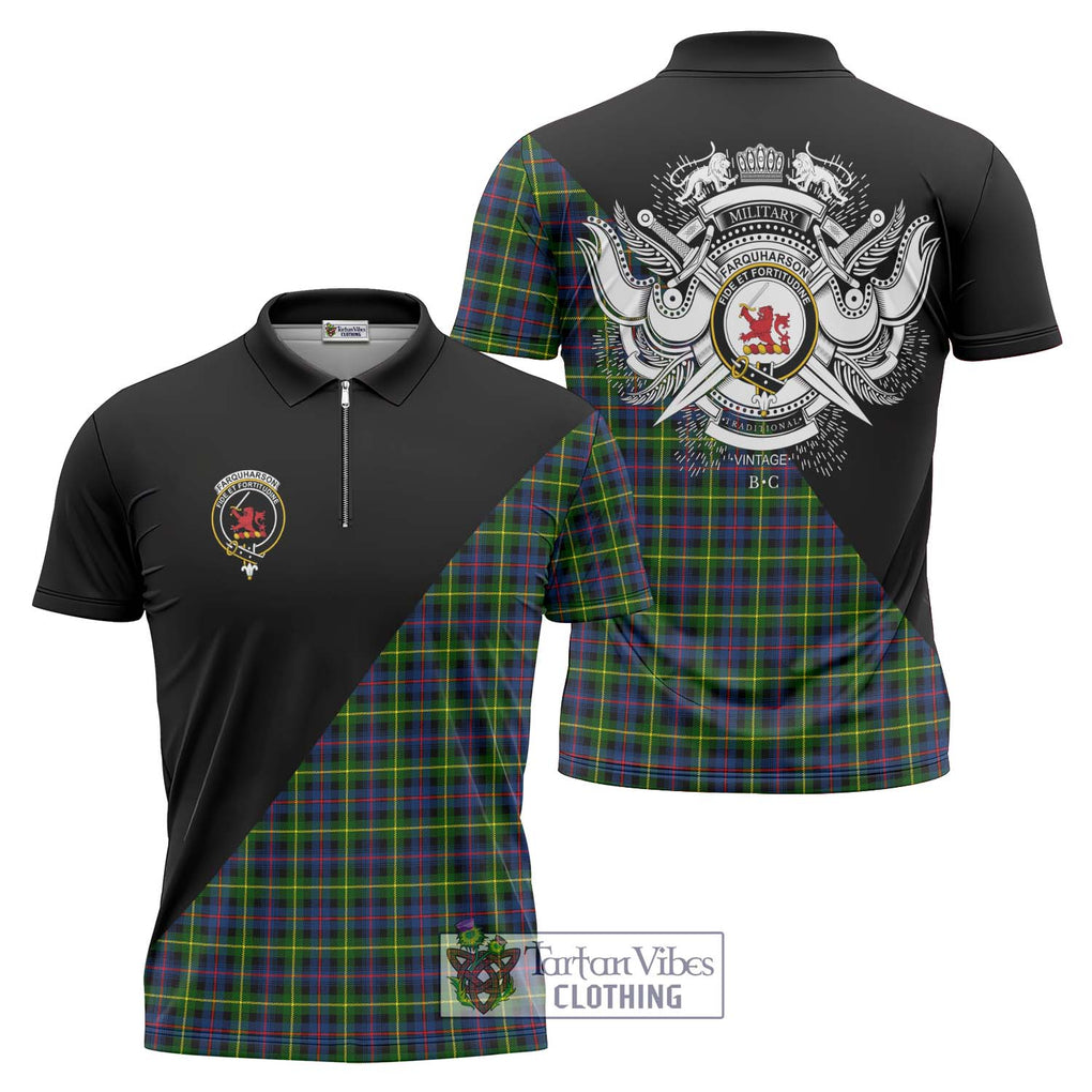 Farquharson Modern Tartan Zipper Polo Shirt with Family Crest and Military Logo Style Unisex - Tartanvibesclothing Shop