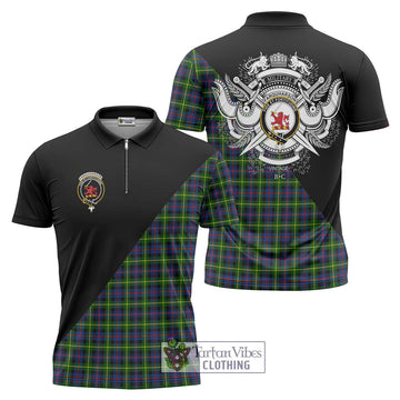 Farquharson Modern Tartan Zipper Polo Shirt with Family Crest and Military Logo Style