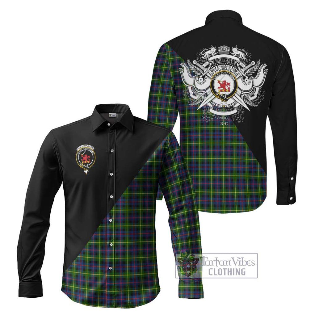 Farquharson Modern Tartan Long Sleeve Button Shirt with Family Crest and Military Logo Style Men's Shirt S - Tartanvibesclothing Shop