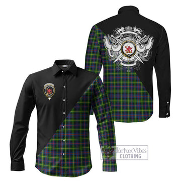 Farquharson Modern Tartan Long Sleeve Button Shirt with Family Crest and Military Logo Style