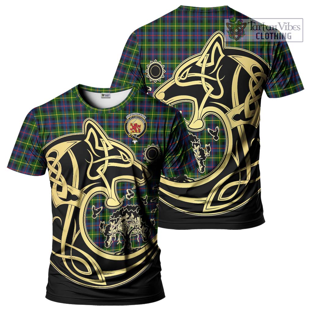 Tartan Vibes Clothing Farquharson Modern Tartan T-Shirt with Family Crest Celtic Wolf Style