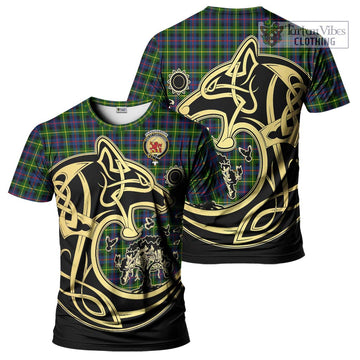 Farquharson Modern Tartan T-Shirt with Family Crest Celtic Wolf Style