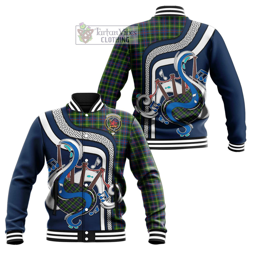 Tartan Vibes Clothing Farquharson Modern Tartan Baseball Jacket with Epic Bagpipe Style