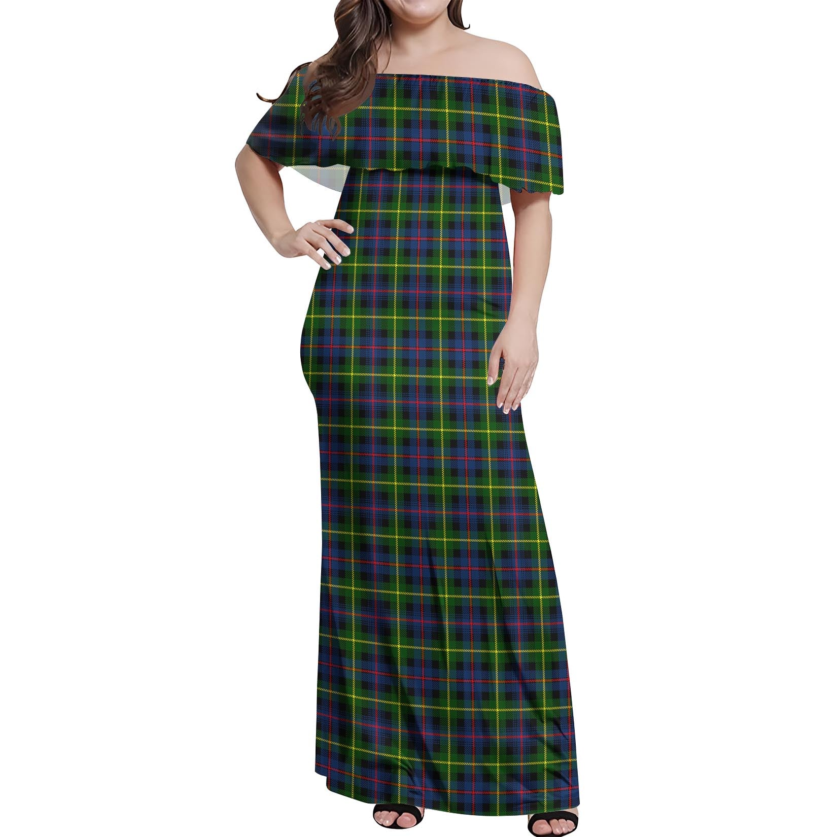 Farquharson Modern Tartan Off Shoulder Long Dress Women's Dress - Tartanvibesclothing