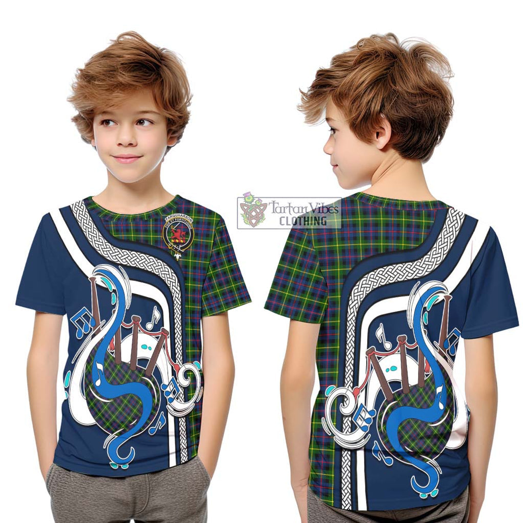 Tartan Vibes Clothing Farquharson Modern Tartan Kid T-Shirt with Epic Bagpipe Style