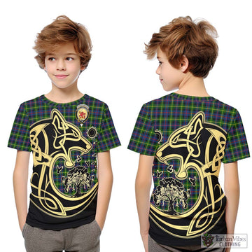 Farquharson Modern Tartan Kid T-Shirt with Family Crest Celtic Wolf Style