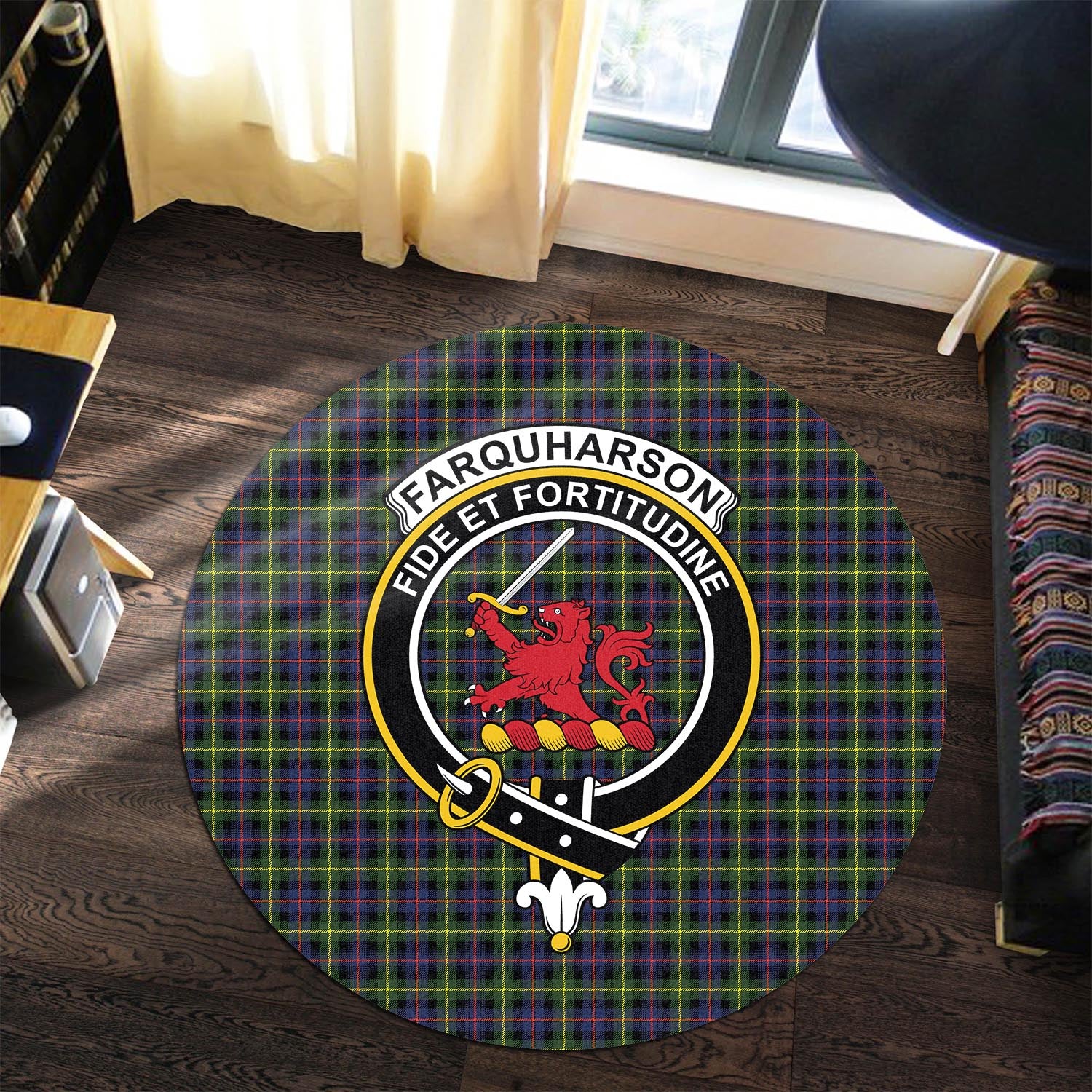 Farquharson Modern Tartan Round Rug with Family Crest - Tartanvibesclothing