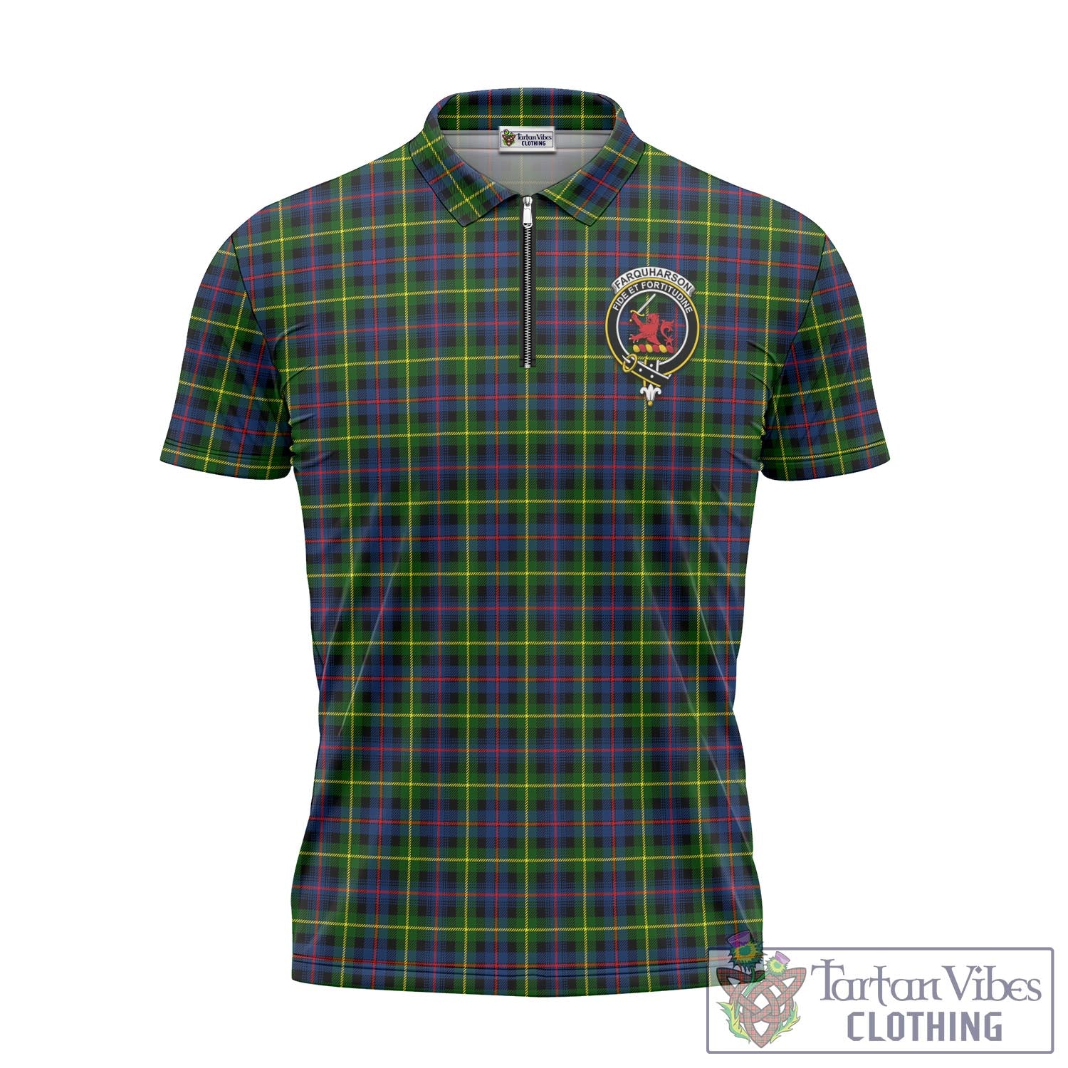 Tartan Vibes Clothing Farquharson Modern Tartan Zipper Polo Shirt with Family Crest