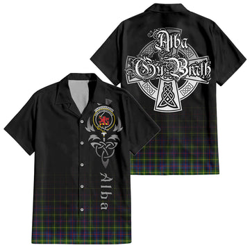 Farquharson Modern Tartan Short Sleeve Button Up Shirt Featuring Alba Gu Brath Family Crest Celtic Inspired