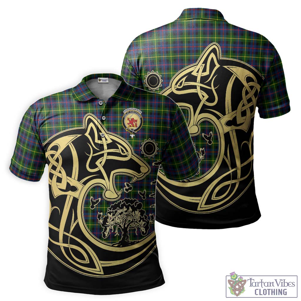 Tartan Vibes Clothing Farquharson Modern Tartan Polo Shirt with Family Crest Celtic Wolf Style