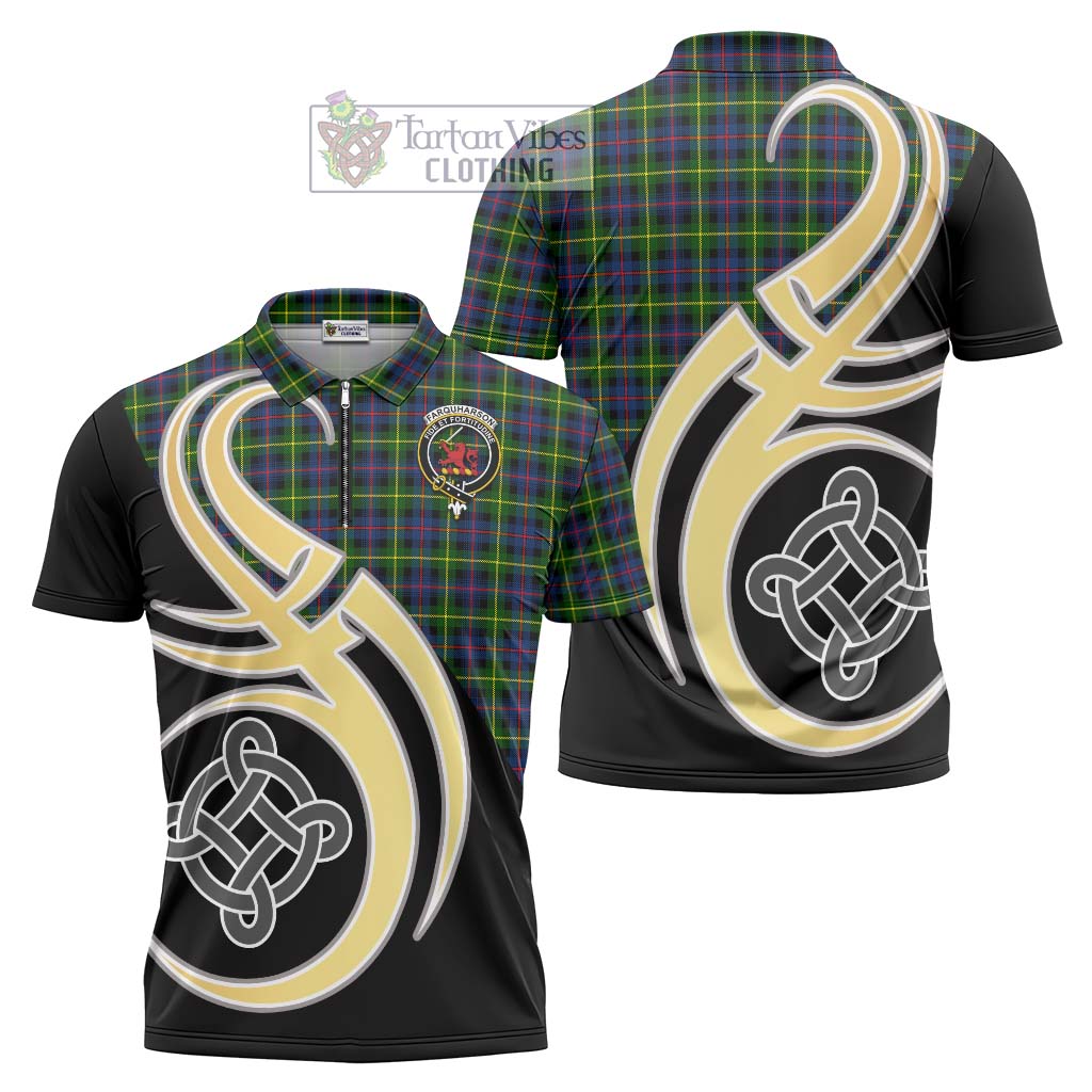 Tartan Vibes Clothing Farquharson Modern Tartan Zipper Polo Shirt with Family Crest and Celtic Symbol Style