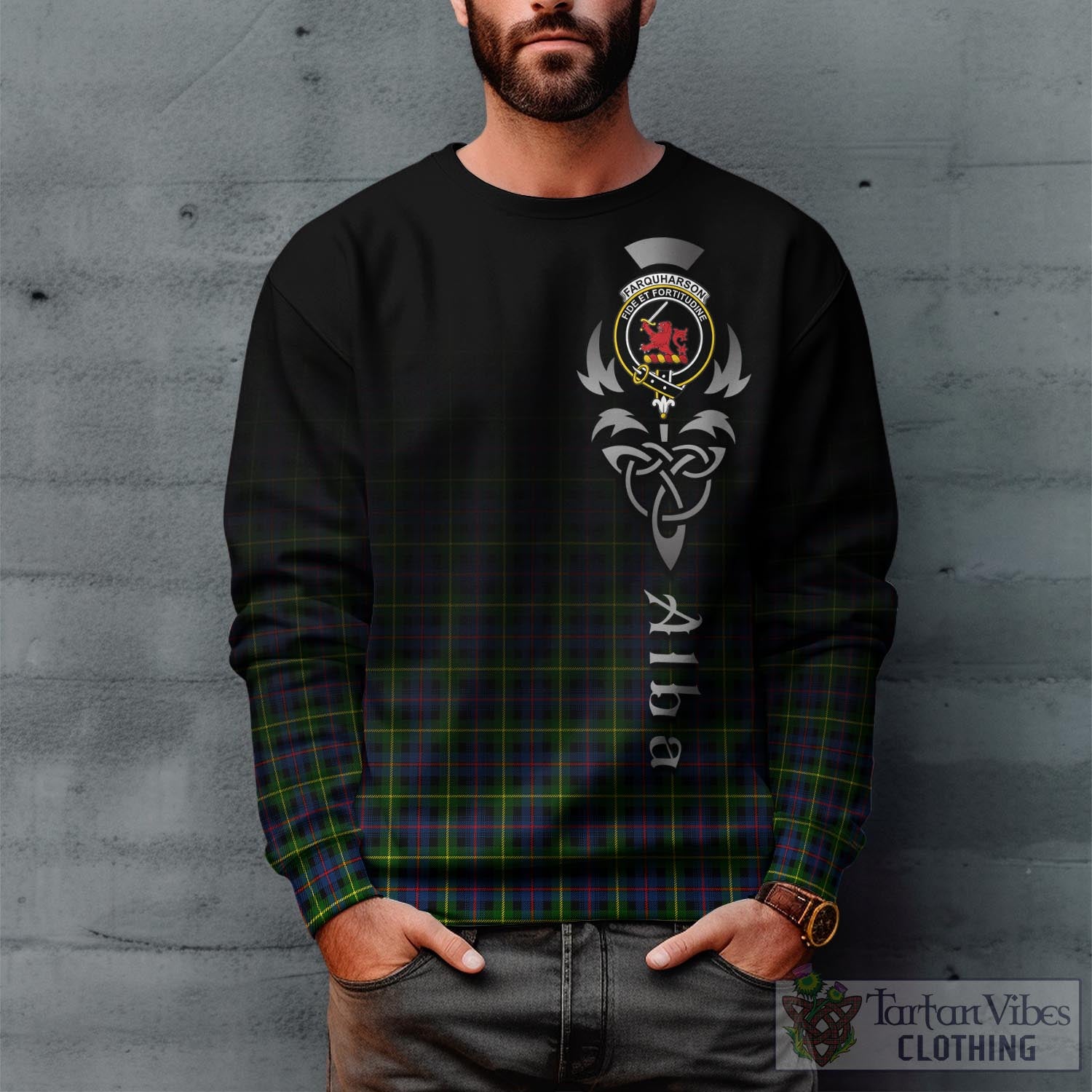 Tartan Vibes Clothing Farquharson Modern Tartan Sweatshirt Featuring Alba Gu Brath Family Crest Celtic Inspired