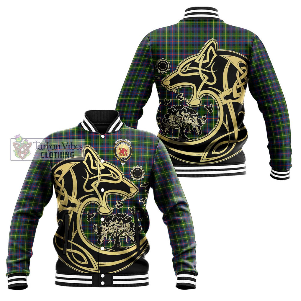 Farquharson Modern Tartan Baseball Jacket with Family Crest Celtic Wolf Style Unisex - Tartan Vibes Clothing