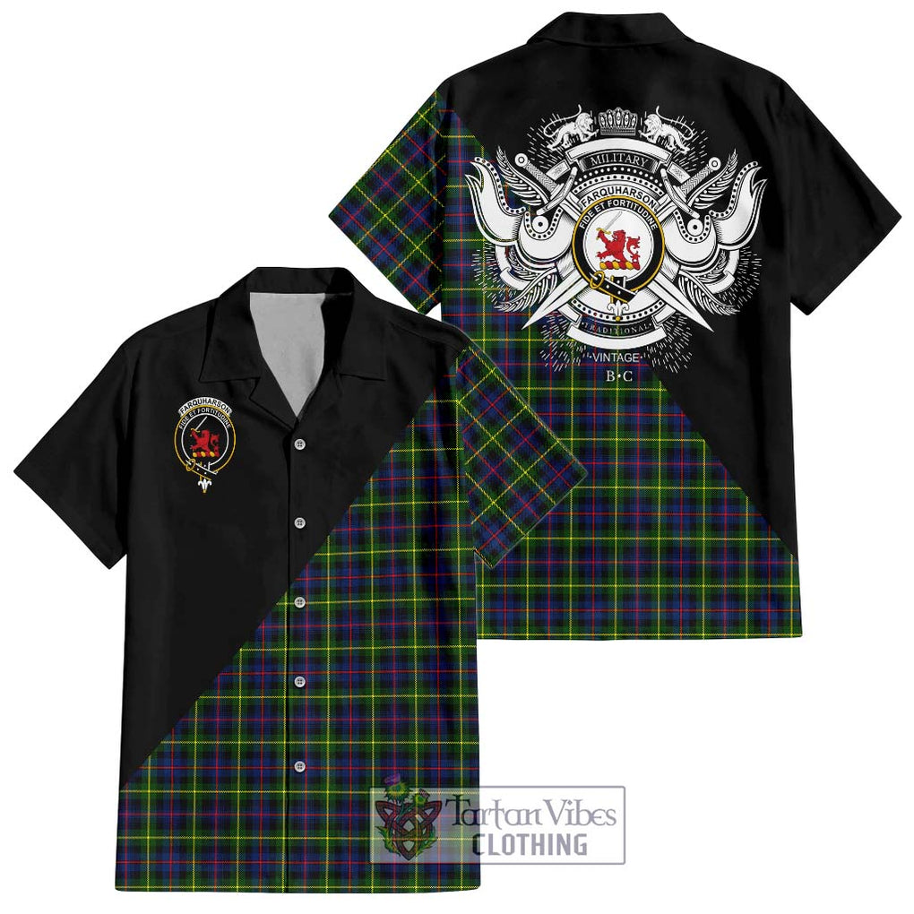 Farquharson Modern Tartan Short Sleeve Button Shirt with Family Crest and Military Logo Style Kid - Tartanvibesclothing Shop