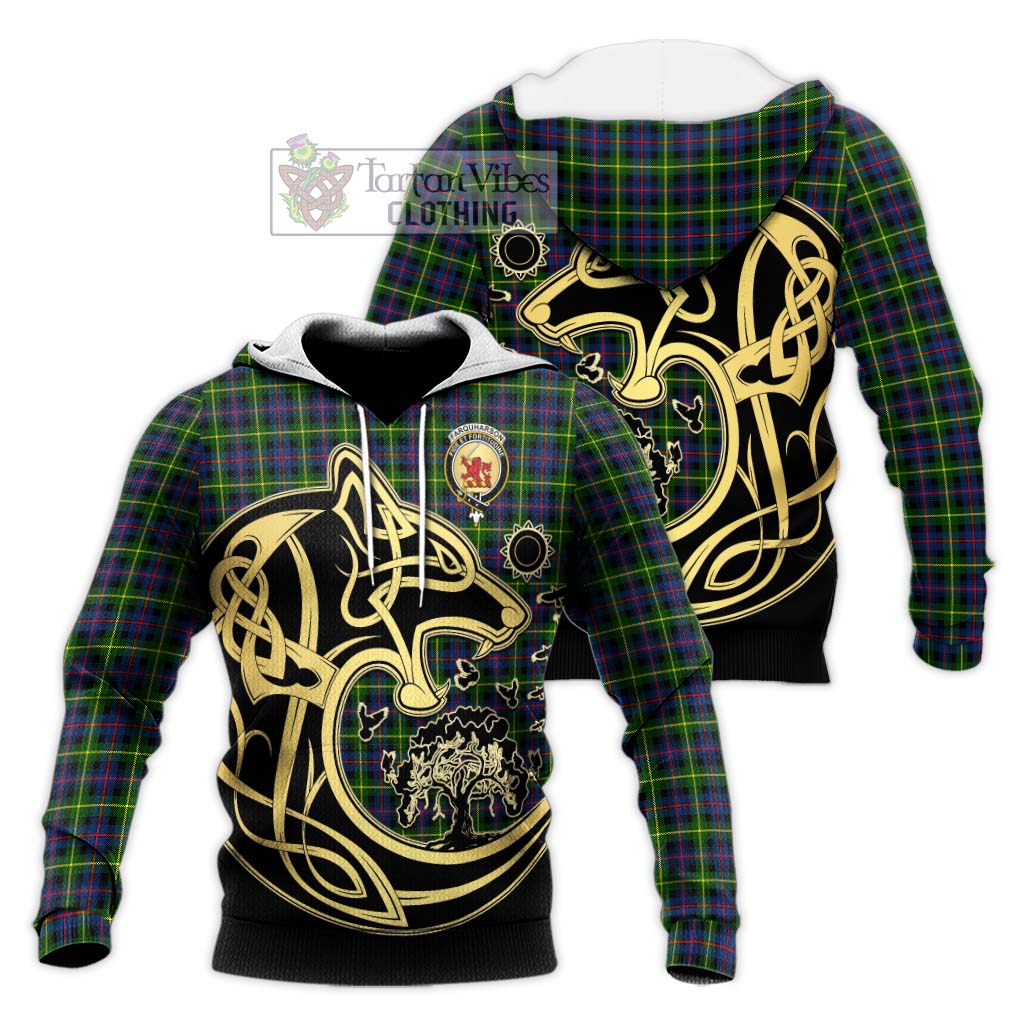 Tartan Vibes Clothing Farquharson Modern Tartan Knitted Hoodie with Family Crest Celtic Wolf Style