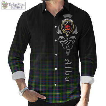 Farquharson Modern Tartan Long Sleeve Button Up Featuring Alba Gu Brath Family Crest Celtic Inspired