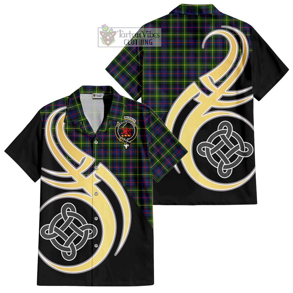 Farquharson Modern Tartan Short Sleeve Button Shirt with Family Crest and Celtic Symbol Style - Tartan Vibes Clothing