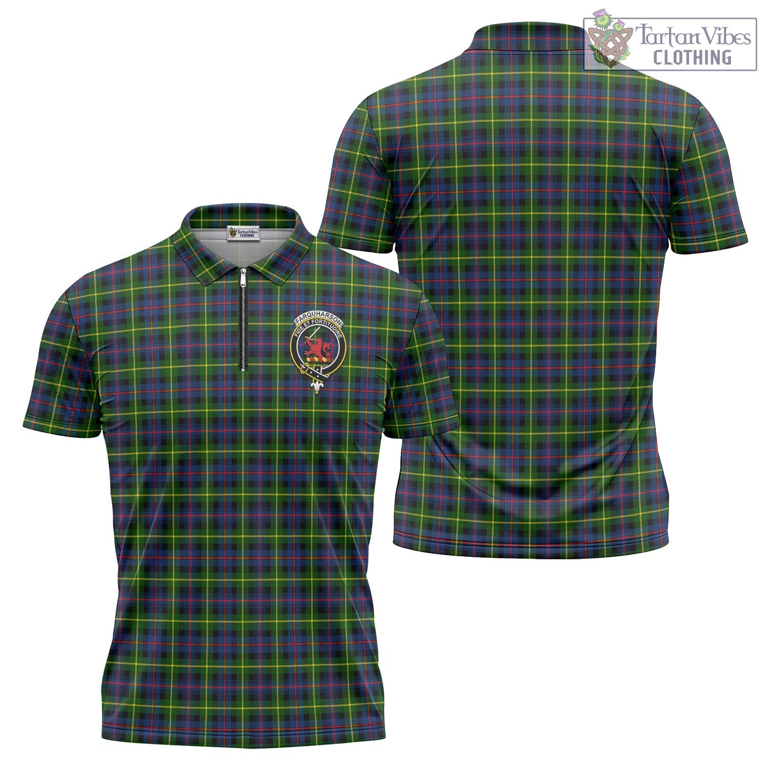 Tartan Vibes Clothing Farquharson Modern Tartan Zipper Polo Shirt with Family Crest