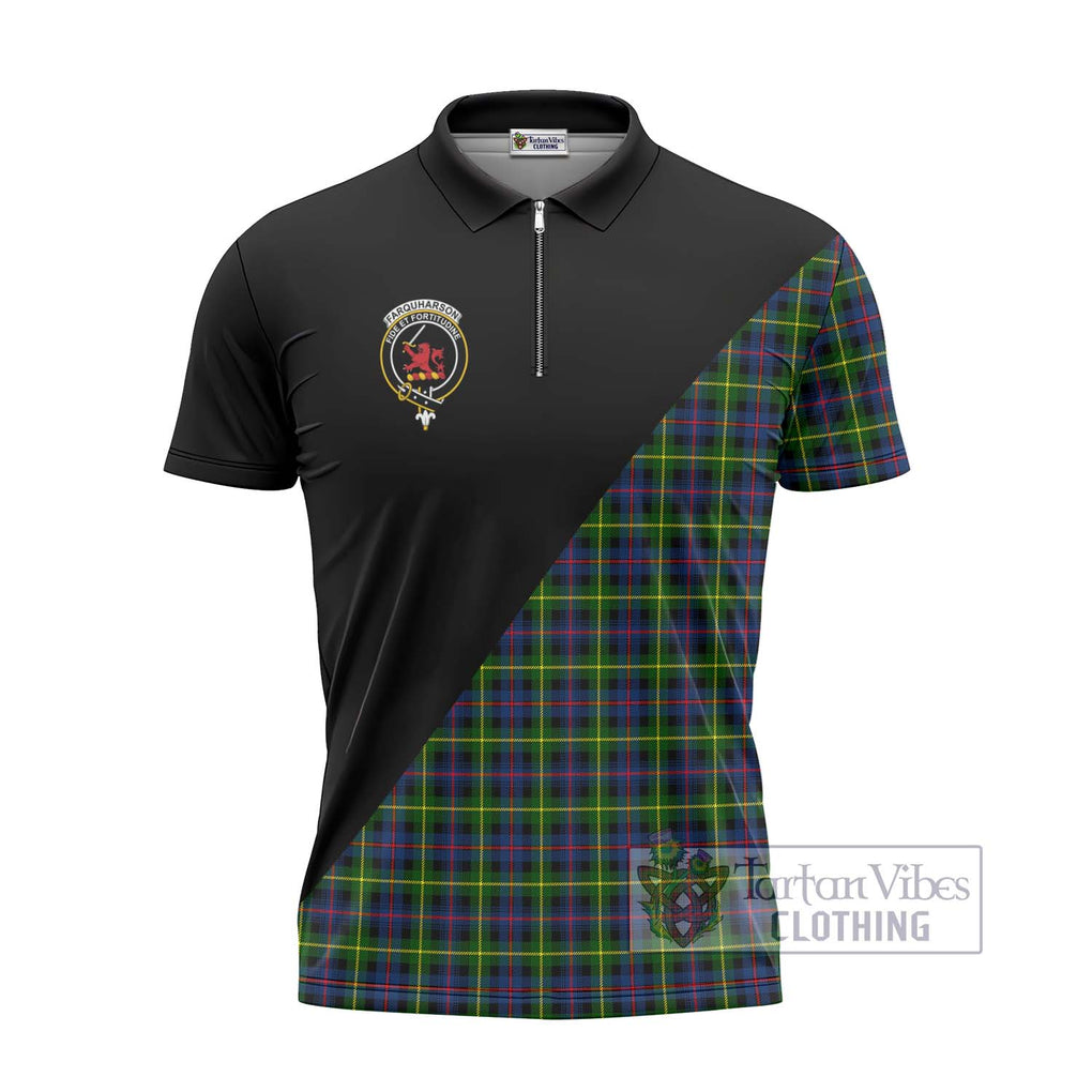 Farquharson Modern Tartan Zipper Polo Shirt with Family Crest and Military Logo Style - Tartanvibesclothing Shop