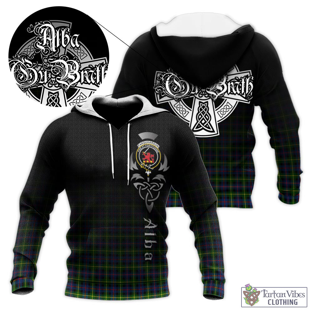 Tartan Vibes Clothing Farquharson Modern Tartan Knitted Hoodie Featuring Alba Gu Brath Family Crest Celtic Inspired