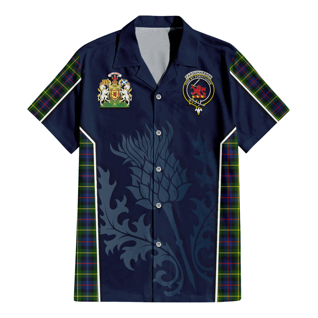 Tartan Vibes Clothing Farquharson Modern Tartan Short Sleeve Button Up Shirt with Family Crest and Scottish Thistle Vibes Sport Style