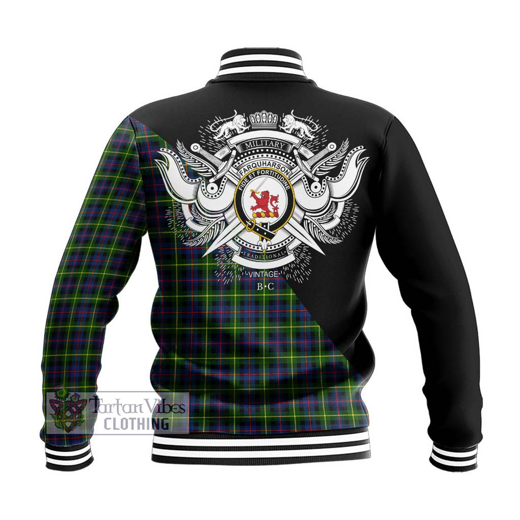 Farquharson Modern Tartan Baseball Jacket with Family Crest and Military Logo Style - Tartanvibesclothing Shop