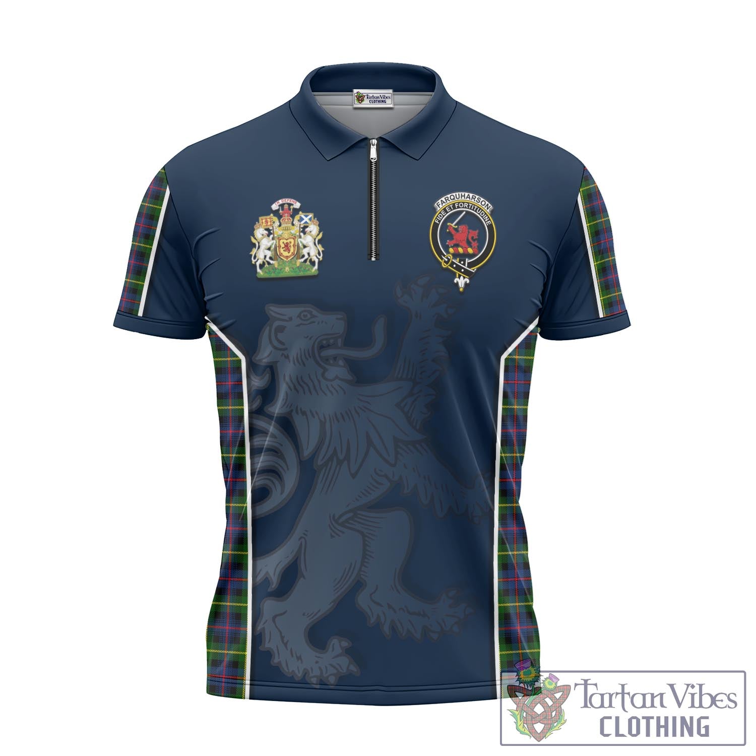 Tartan Vibes Clothing Farquharson Modern Tartan Zipper Polo Shirt with Family Crest and Lion Rampant Vibes Sport Style