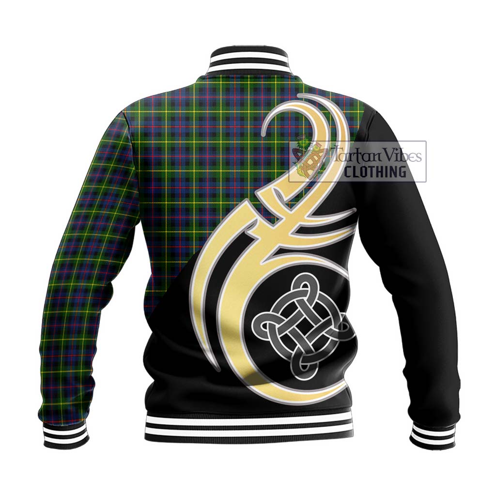 Tartan Vibes Clothing Farquharson Modern Tartan Baseball Jacket with Family Crest and Celtic Symbol Style