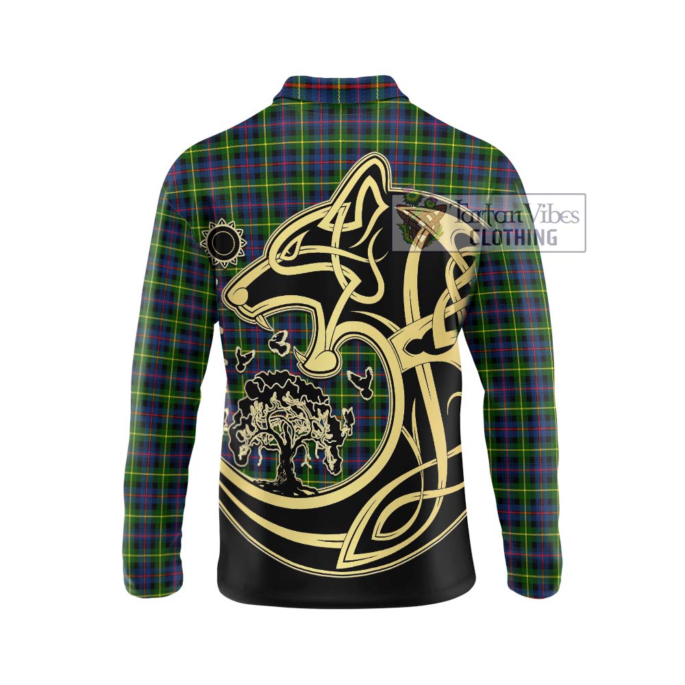 Farquharson Modern Tartan Long Sleeve Polo Shirt with Family Crest Celtic Wolf Style - Tartanvibesclothing Shop