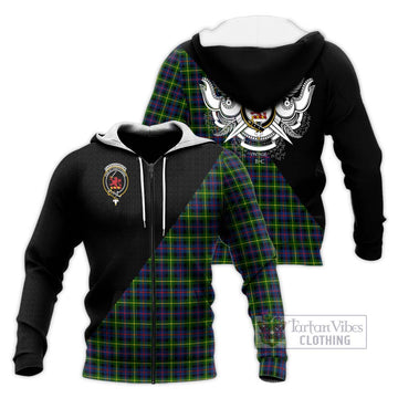 Farquharson Modern Tartan Knitted Hoodie with Family Crest and Military Logo Style