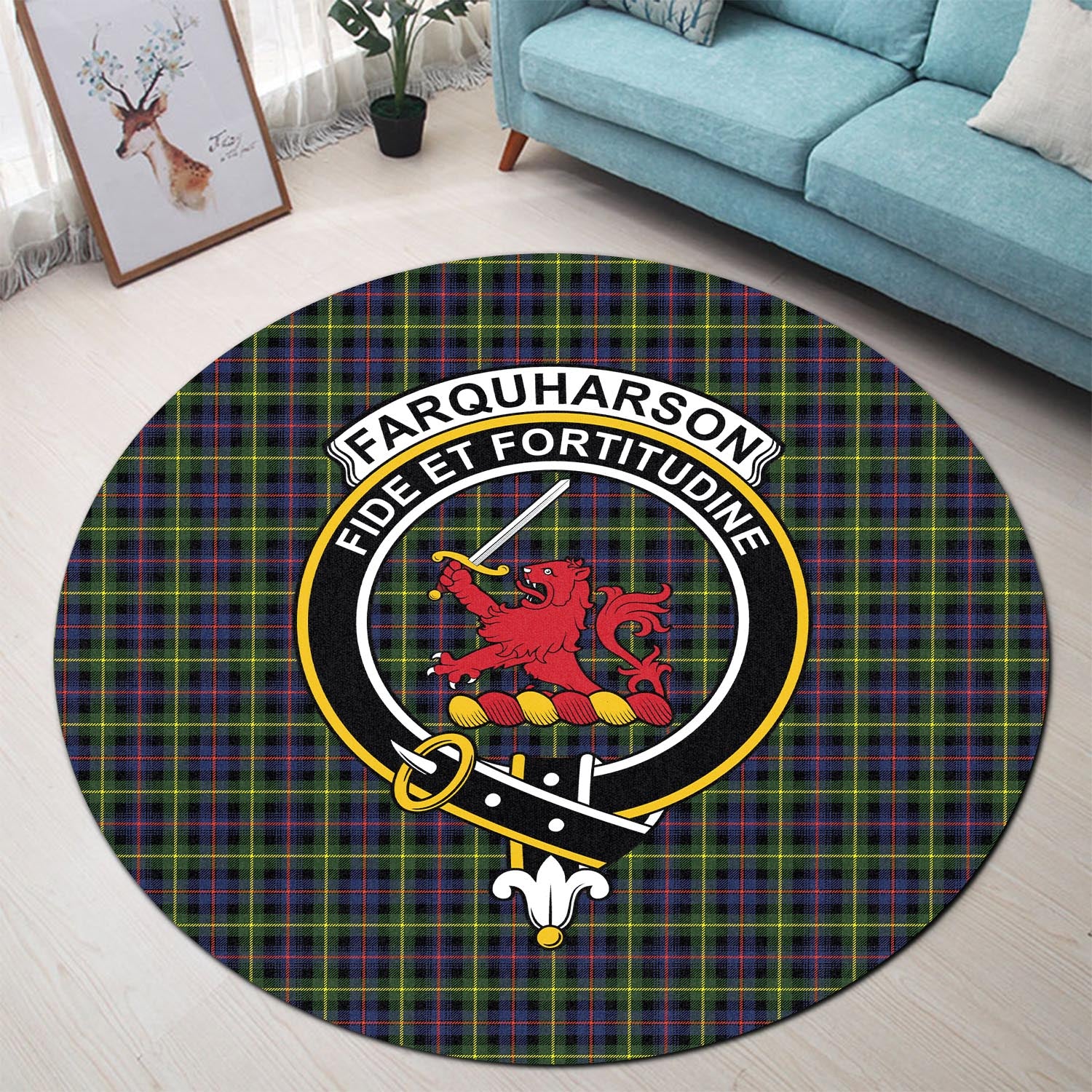 Farquharson Modern Tartan Round Rug with Family Crest - Tartanvibesclothing