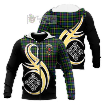 Farquharson Modern Tartan Knitted Hoodie with Family Crest and Celtic Symbol Style