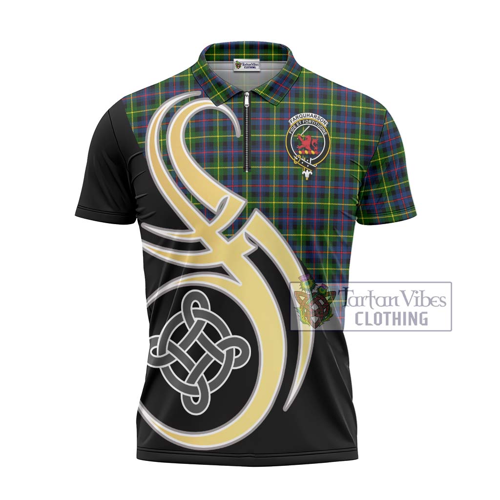 Tartan Vibes Clothing Farquharson Modern Tartan Zipper Polo Shirt with Family Crest and Celtic Symbol Style