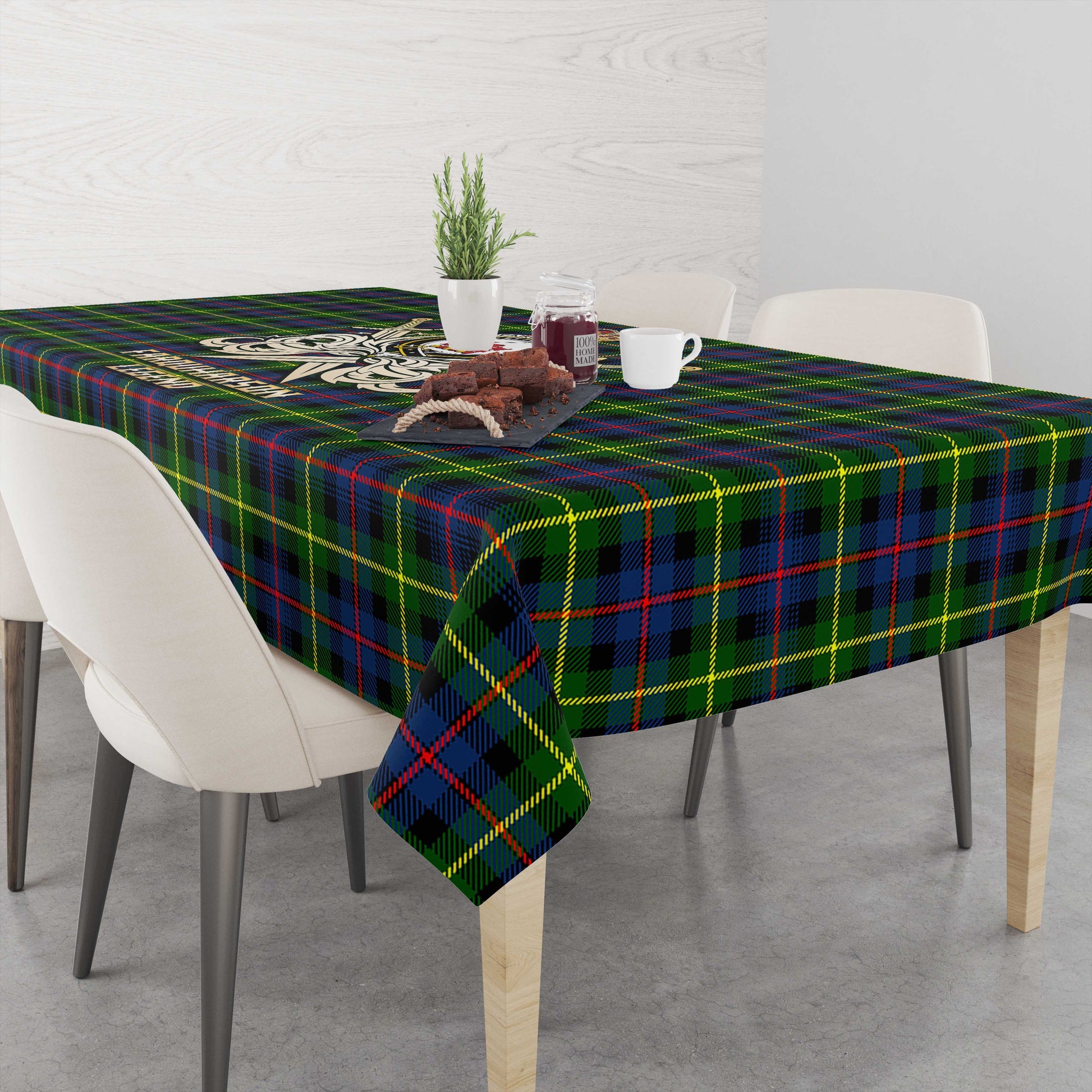 Tartan Vibes Clothing Farquharson Modern Tartan Tablecloth with Clan Crest and the Golden Sword of Courageous Legacy