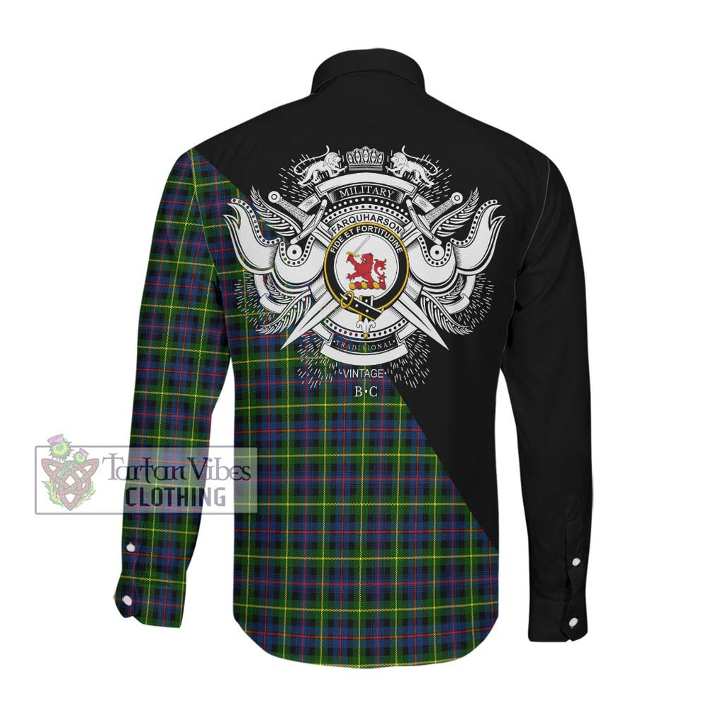 Farquharson Modern Tartan Long Sleeve Button Shirt with Family Crest and Military Logo Style Men's Shirt - Tartanvibesclothing Shop