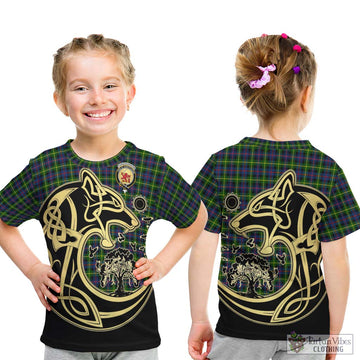 Farquharson Modern Tartan Kid T-Shirt with Family Crest Celtic Wolf Style