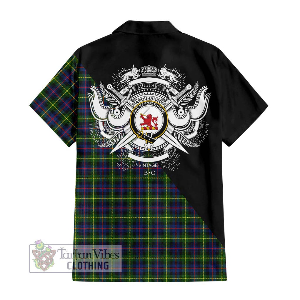 Farquharson Modern Tartan Short Sleeve Button Shirt with Family Crest and Military Logo Style - Tartanvibesclothing Shop