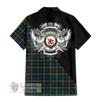 Farquharson Modern Tartan Short Sleeve Button Shirt with Family Crest and Military Logo Style