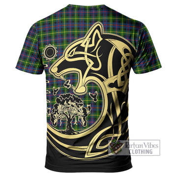 Farquharson Modern Tartan T-Shirt with Family Crest Celtic Wolf Style