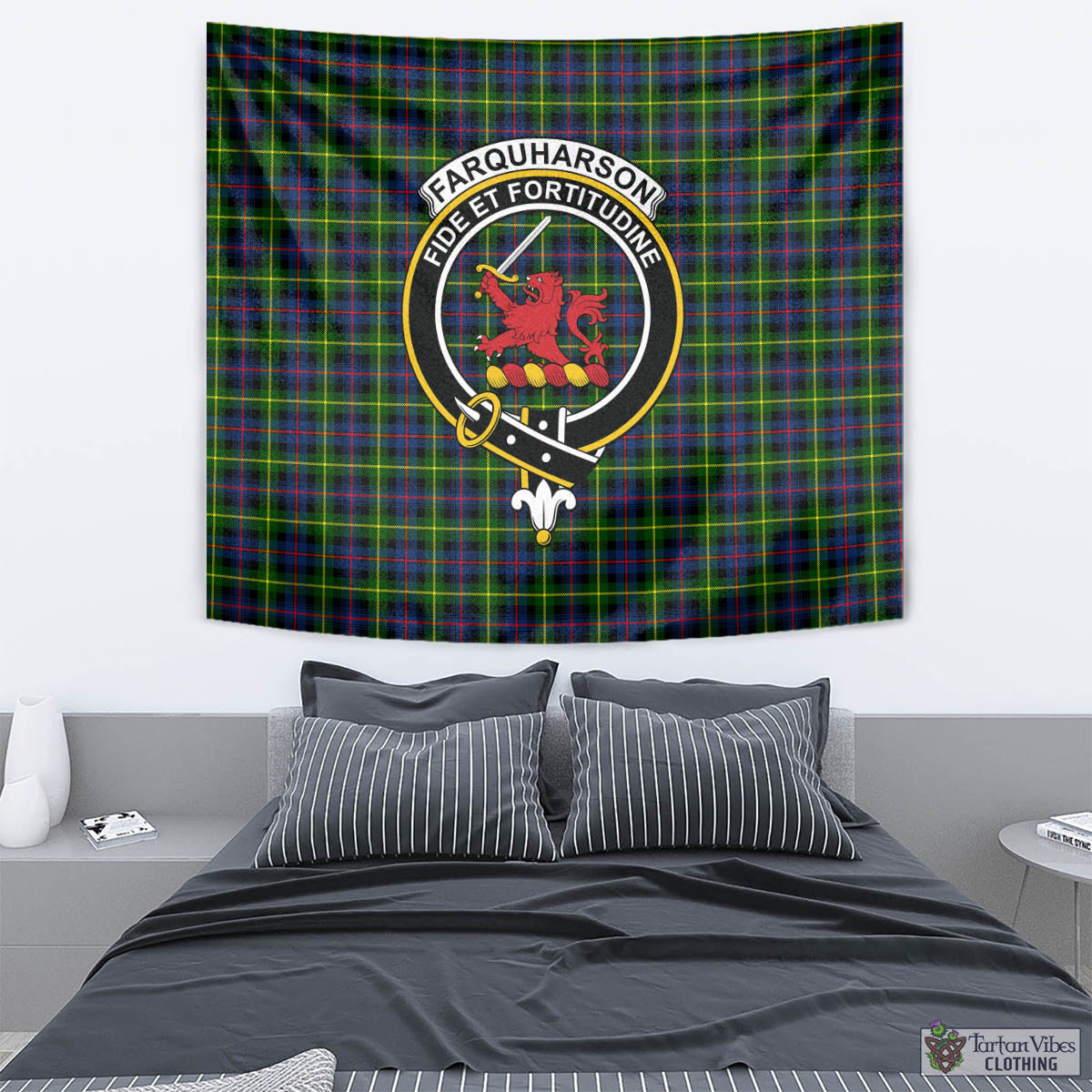 Tartan Vibes Clothing Farquharson Modern Tartan Tapestry Wall Hanging and Home Decor for Room with Family Crest