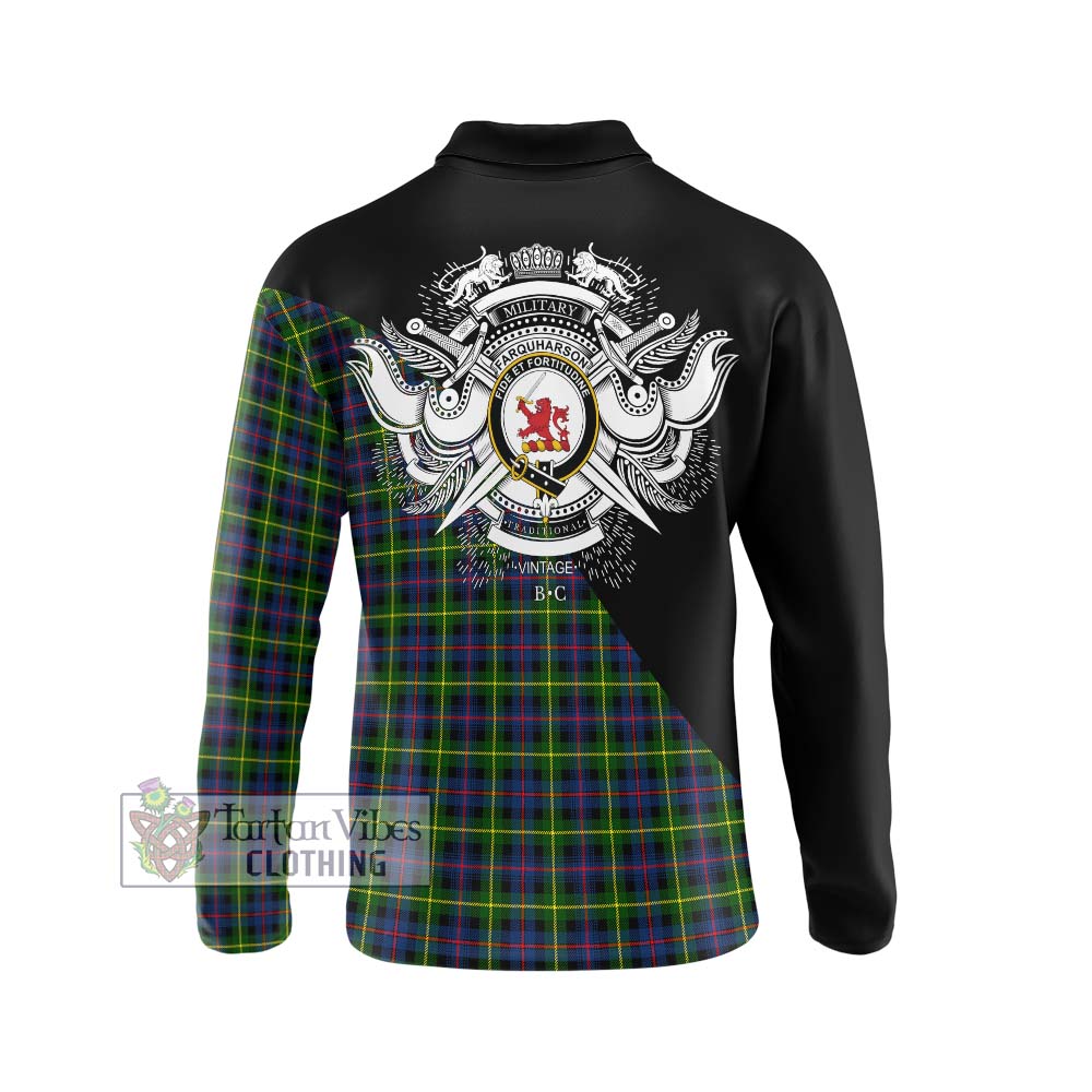 Farquharson Modern Tartan Long Sleeve Polo Shirt with Family Crest and Military Logo Style - Tartanvibesclothing Shop