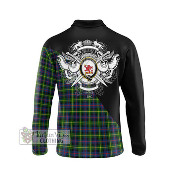 Farquharson Modern Tartan Long Sleeve Polo Shirt with Family Crest and Military Logo Style