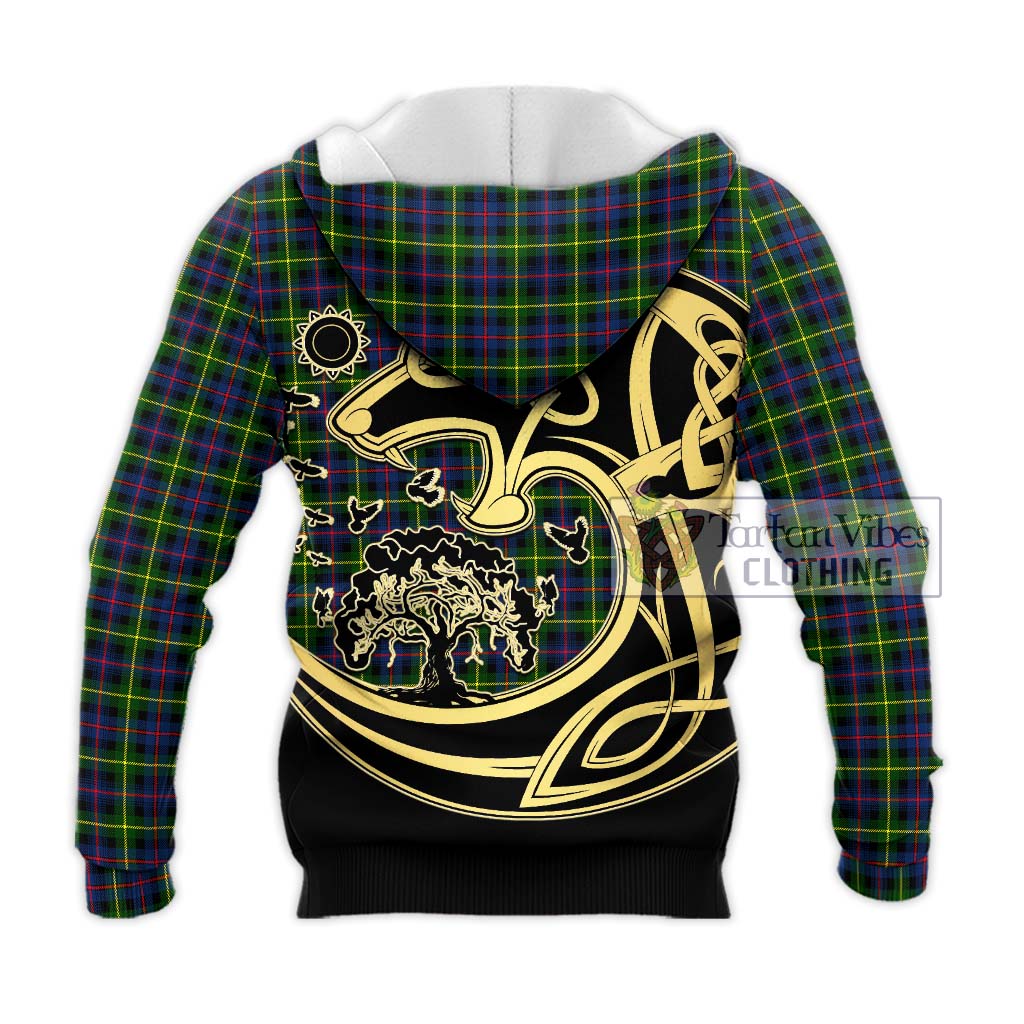 Tartan Vibes Clothing Farquharson Modern Tartan Knitted Hoodie with Family Crest Celtic Wolf Style