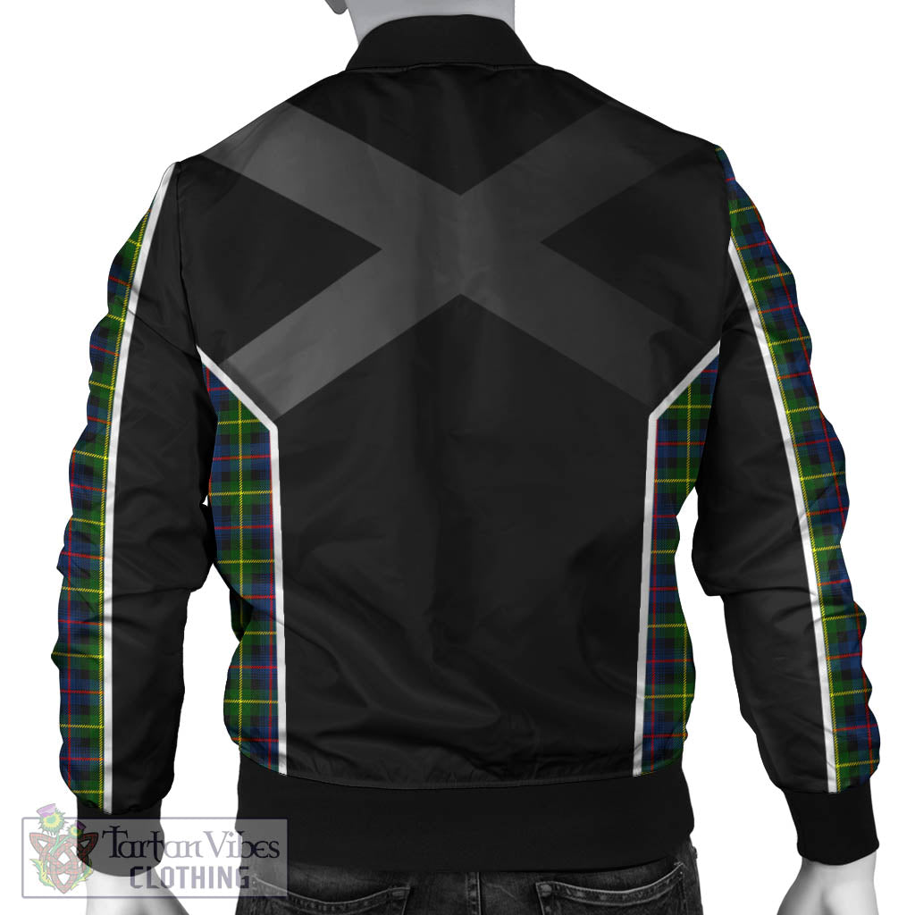 Tartan Vibes Clothing Farquharson Modern Tartan Bomber Jacket with Family Crest and Scottish Thistle Vibes Sport Style